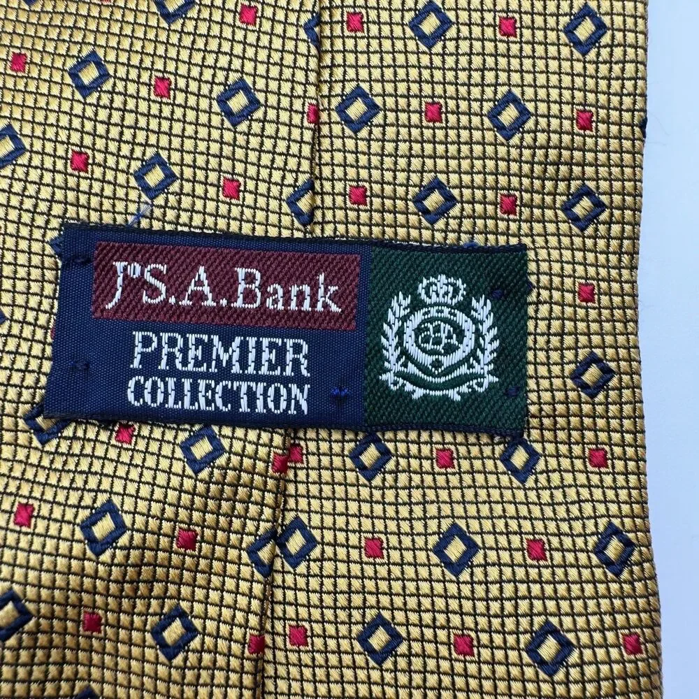 Jos A Bank Premier Collection Tie Men's Gold Yellow Navy Red Geometric Silk USA